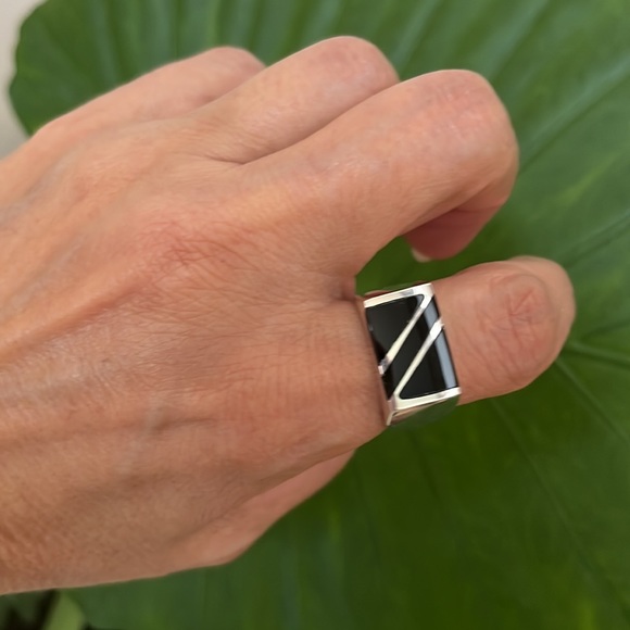 Sterling Silver Men Black Onyx Ring Deco Signet Ring - Picture 4 of 15